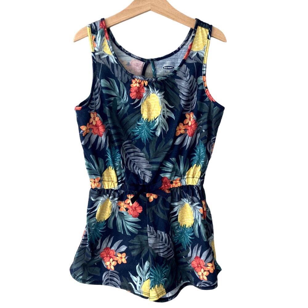 Old Navy Sleeveless Jersey Pajama Romper - Tropical Palm Leaves - Navy Medium 8